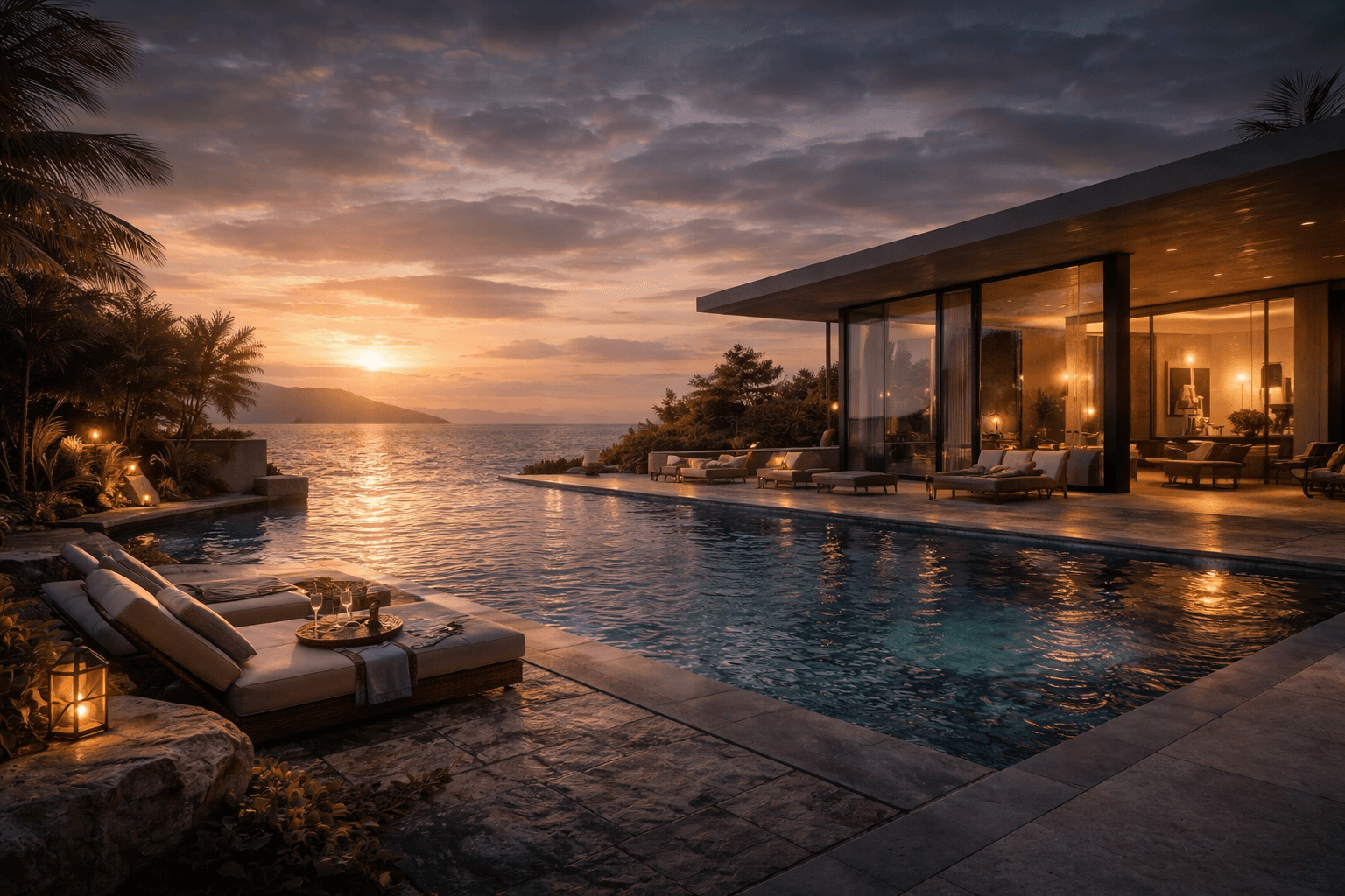 Luxury beachfront villa at sunset